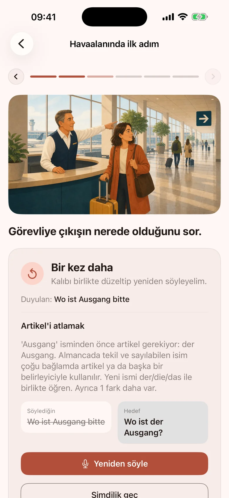 Yanlış söylenen cümle için Türkçe açıklama: eksik artikel “der” işaretlenmiş