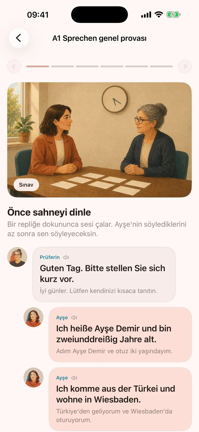 A1 Sprechen provası: sınav görevlisinin ilk repliği ve avatarı